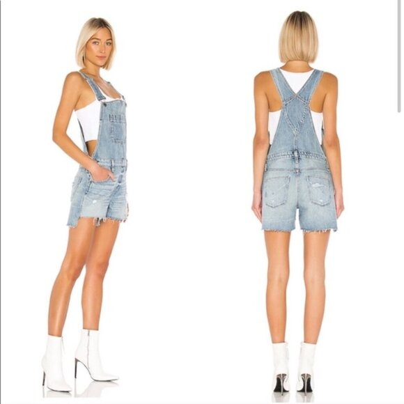 NWT Hudson Jeans Distressed Sharkbite Hem Adjustable Denim Short Overalls Size S